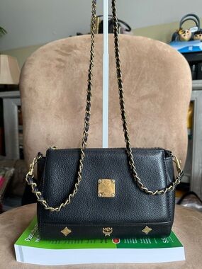 MCM Black Leather Small Crossbody Bag Chain Strap Gold Hardware Good Condition